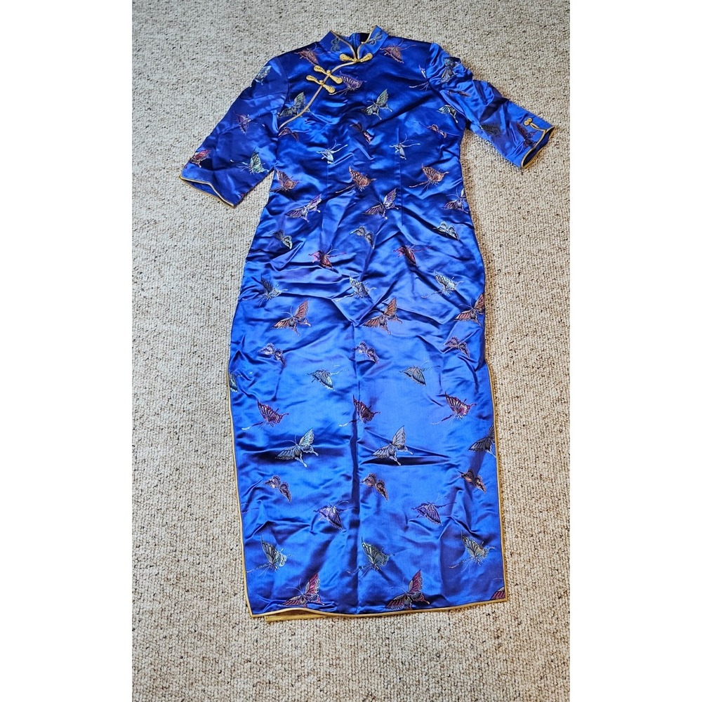 Blue Satin Butterfly Embroidered Cheongsam Qipao Maxi Dress Mandarin Collar